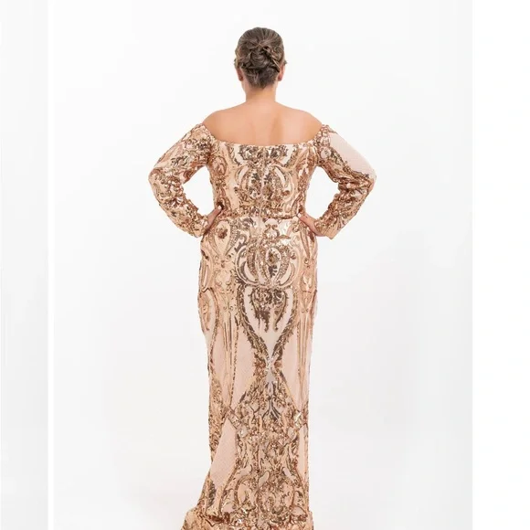 Glamorous Gold Sequin Off-Shoulder Gown - Picture 4 of 5
